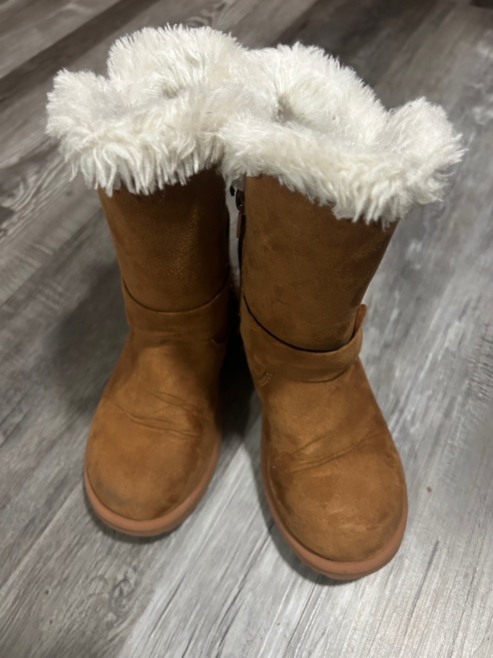 Magellan Outdoors Kids Brown Suede Boots with Cream Faux Fur Trim